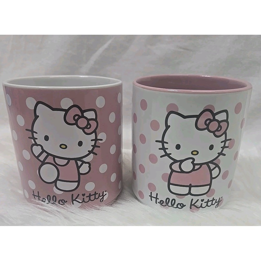 Hello Kitty Ceramic Tea Cups Mugs Set Of 2 Pink White 12 Oz‎ Drink Polka Dot